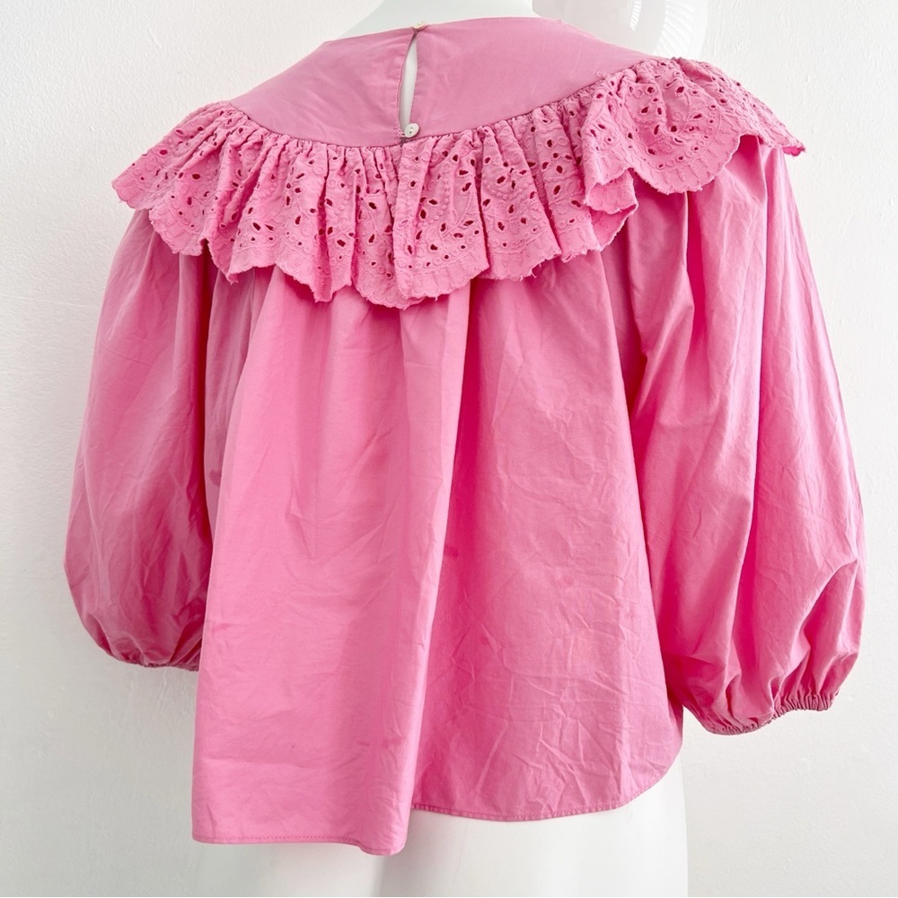 ZARA Eyelet Frilled Poplin Blouse Top Pink XSMALL Balloon Sleeve Women’s NEW - Picture 5 of 16